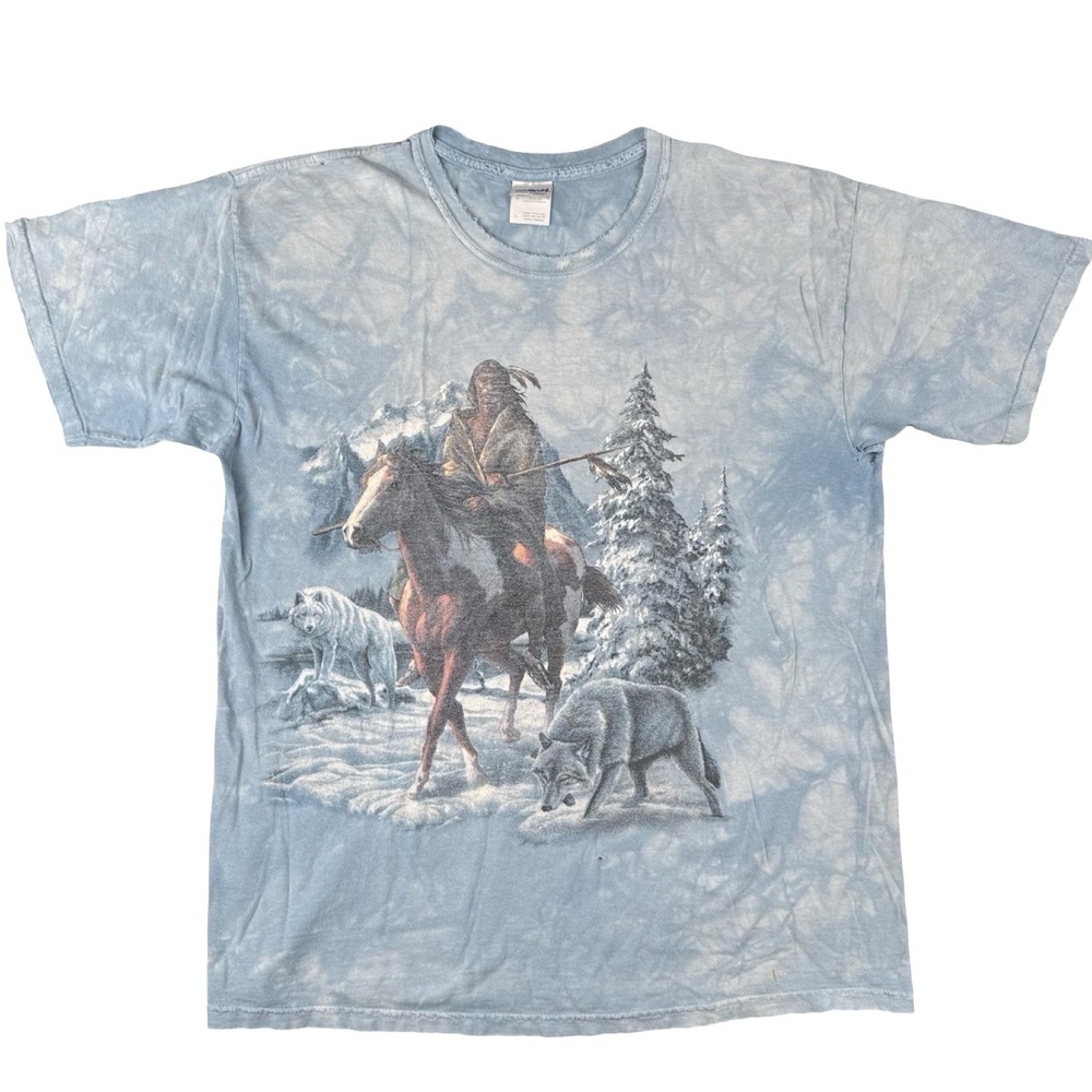 Vintage Native American Wolf Horse T Shirt Tie Dye Blue L Gildan